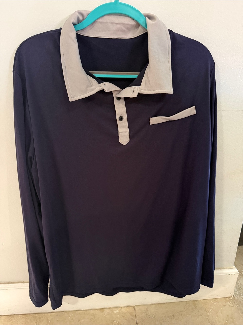 SHEIN Navy Long-Sleeve Polo with Beige Contrast Collar